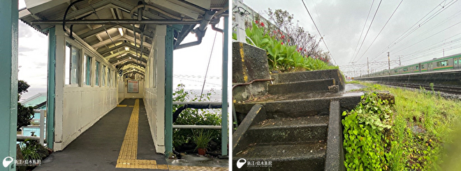 流されてしまった1番ホームがないままの根府川駅の駅舎／今も残る100年前の1番ホームの名残